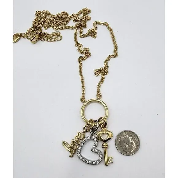 Lia Sophia Unlock Love Shiny Gold Crystal Love, Key, Heart Charms Necklace 34" - Picture 4 of 6